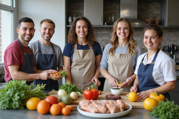 Gruppe von Menschen, die gemeinsam gesunde Mahlzeiten zubereiten